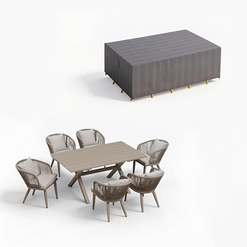 PURPLE LEAF 7 Pieces Patio Dining Set with Waterproof Furniture Cover Rectangular Table and Chairs Set for Garden Deck Aluminum Frame Backyard Kitchen Set, Cushions and Pillows Included Champagne - color: Champagne, size: 7 Pcs, style: with Furniture Cove