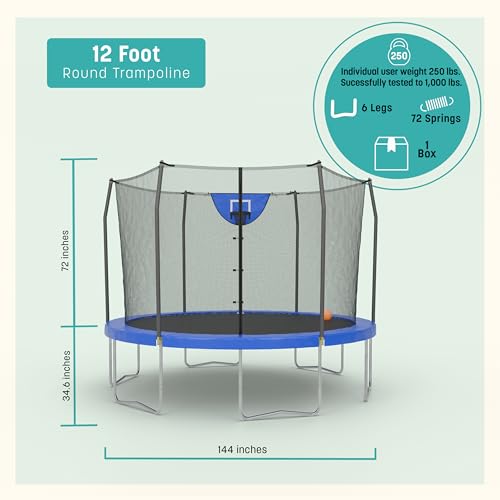 Skywalker Trampoline Outdoor 8 FT, 12 FT, 15 FT Jump N’ Dunk Round Outdoor Trampoline with Net, Trampoline Mat, and Basketball Hoop for Trampoline - color: Blue, style: 12 Foot