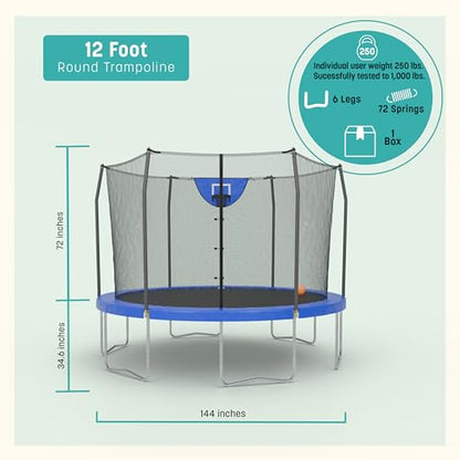 Skywalker Trampoline Outdoor 8 FT, 12 FT, 15 FT Jump N’ Dunk Round Outdoor Trampoline with Net, Trampoline Mat, and Basketball Hoop for Trampoline - color: Blue, style: 12 Foot