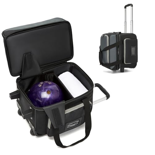 Bowling Ball Bag with Separate Shoe Compartment, Single Roller Bowling Bag with Wheels and Retractable Handle Extends to 37.0 Inches, Padded Foam Ball Insert, Gray (1 Ball Bowling)
