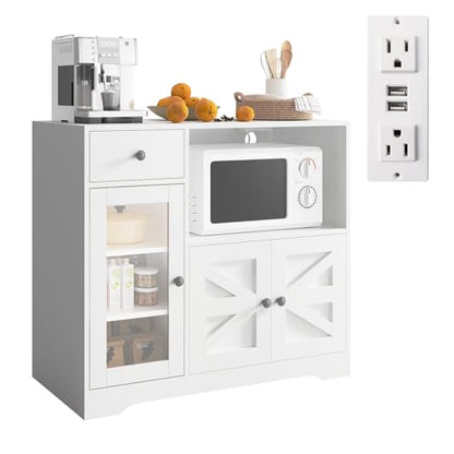 Storage Cabinet with Power Outlet, 35" Modern Sideboard Buffet Cabinet w/Adjustable Shelf, Wooden Kitchen Cabinet with Open Shelves for Living Room, Dining Room, Kitchen, White - color: White, style: Microwave Cabinet