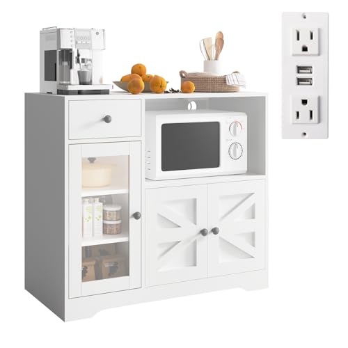 Storage Cabinet with Power Outlet, 35" Modern Sideboard Buffet Cabinet w/Adjustable Shelf, Wooden Kitchen Cabinet with Open Shelves for Living Room, Dining Room, Kitchen, White - color: White, style: Microwave Cabinet
