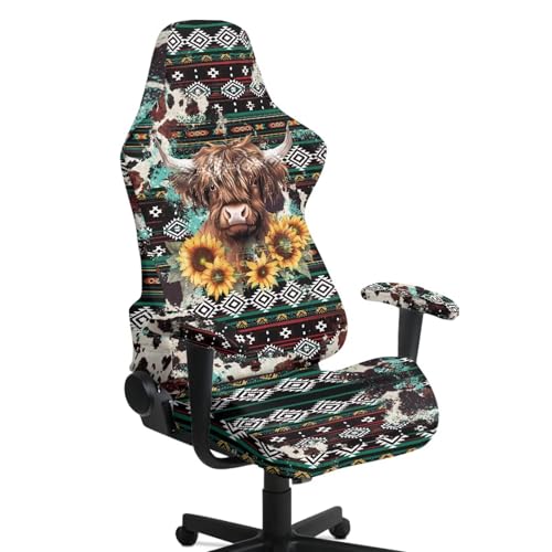 Highland Cow Print Gaming Chair Cover with Armrest Covers Aztec Sunflower Print Computer Chair Seat Slipcovers Universal Fit for Desk/Swivel/Rotating Chairs Protector - color: Multi - Highland Cow Aztec Sunflower