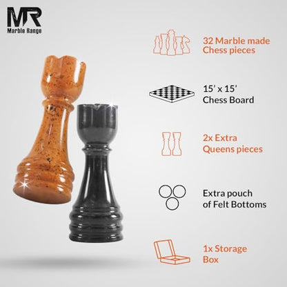 Marble Chess Set 15" Inches Black & Golden with Storage Box and 2 Extra Queen Handmade Classic Board Games for Adults, Luxury Marble Chess Board & Chess Pieces for Gifts - color: Black & Golden