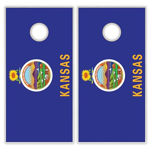State Flag Solid Wood Regulation Cornhole Set 4 Feet x 2 Feet Includes Set of 8 Bags and Carrying Case with Optional LED Lights and Lamination - style: Kansas