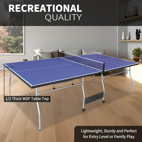 Space-Saving Midsize Table Tennis Set – includes 2 Paddles, Net, 3 Balls – Foldable & Portable Ping Pong Table with Aluminum Frame