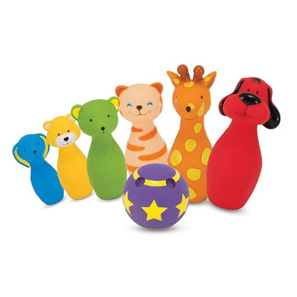 Melissa & Doug K's Kids Bowling Friends Play Set and Game with 6 Pins and Convenient Carrying Case Indoor Outdoor Bowling Set, Soft Plastic Animal Pins, for Ages 2+