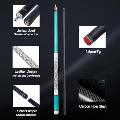Carbon Fiber Pool Cue Stick 12.5mm Rainbow Tip Low Deflection Pool Stick with Uni-loc Pin Joint and Extension Pool Stick-20 oz - color: Cyan-Pro