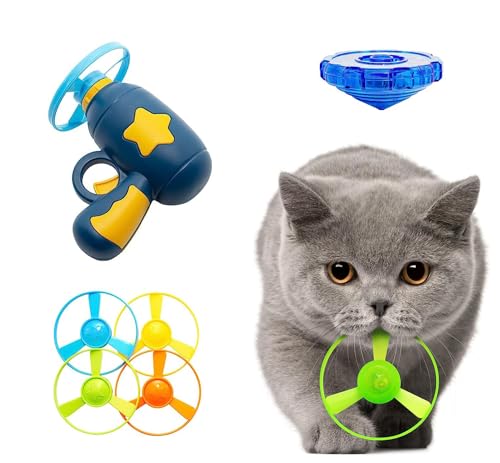 Flying Cat Toys, Interactive Cat Fetch Toy with 1 Light Up Spinning Tops, and 5 Flying Propellers, Flying dis Toy for Hunting Chasing Indoor/Outdoor - color: Dark Blue