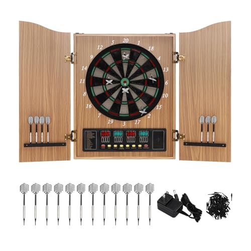 Electronic Dartboard Cabinet Set with LED Digital Scoreboard, 27 Games & 243 Variations for 16 Players, Soft Tip Darts with Wall Protector for Home, Bar & Game Room - color: Yellow