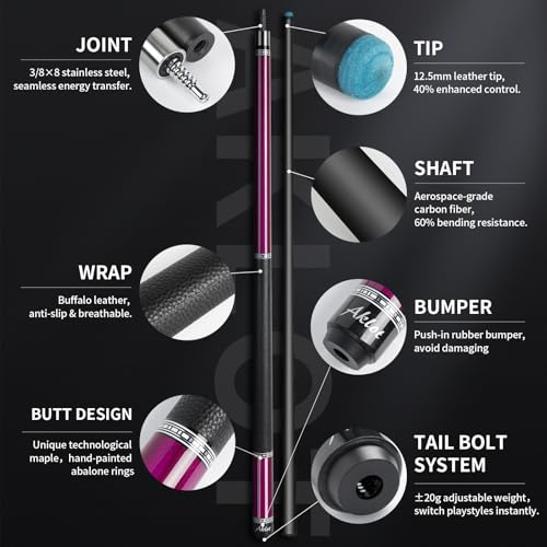 AKLOT Carbon Fiber Pool Cue Stick 58", Billiard Cue Sticks 19-19.5oz, Low Deflection Billiard Stick with 12.5mm Tip, Professional Carbon Fiber Pool Sticks for Adults - color: Rose Phantom