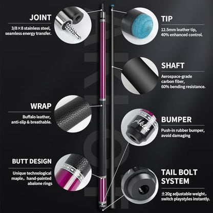 AKLOT Carbon Fiber Pool Cue Stick 58", Billiard Cue Sticks 19-19.5oz, Low Deflection Billiard Stick with 12.5mm Tip, Professional Carbon Fiber Pool Sticks for Adults - color: Rose Phantom