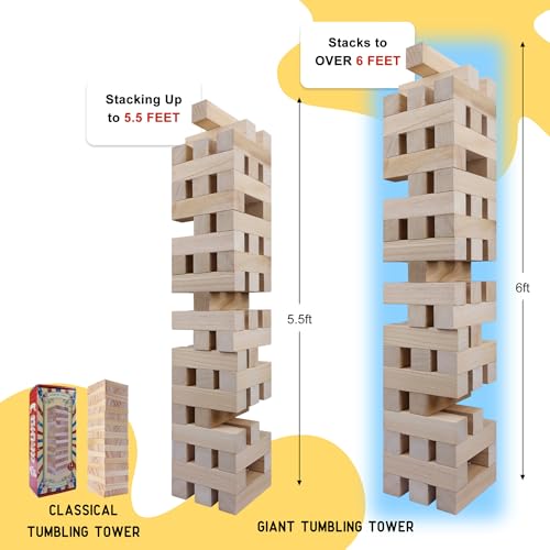 GOTHINK Giant Tumbling Tower Game, Super Large 51pcs Wooden Blocks Stacking Game, Stacking to Over 6 Feet, Jumbo Timber Blocks with Carry Bag, Jumbo Outdoor Indoor Game Toy Gift for Kids and Adults - size: G-Over 6FT
