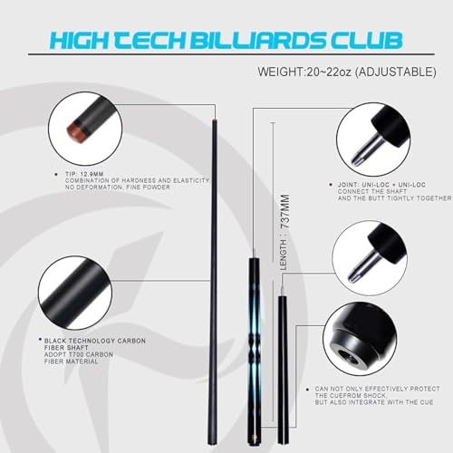 Carbon Fiber Pool Cue – 12.9mm, 14mm and 12.4mm, 2-Piece Billiard Cue Stick for Women/Men, Professional Break Cue for Snooker, 8-Ball, 9-Ball, Home & Club Use - color: Blue