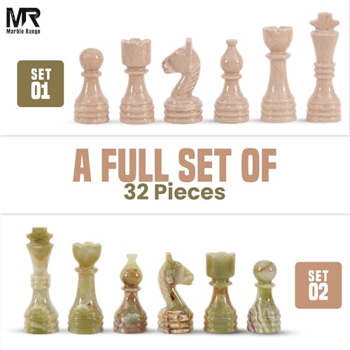 Marble Chess Pieces 3.5 Inch King Handmade Verona and Green Onyx 32 Chess Figures for Board Games, Suitable for Travel Games - color: Verona and Green Onyx