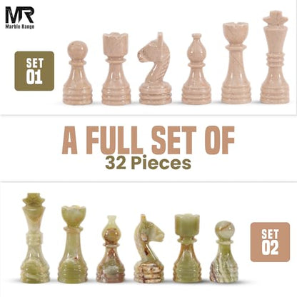 Marble Chess Pieces 3.5 Inch King Handmade Verona and Green Onyx 32 Chess Figures for Board Games, Suitable for Travel Games - color: Verona and Green Onyx