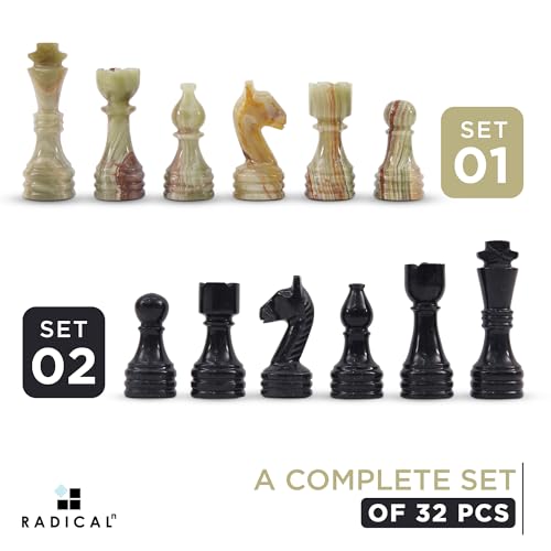 Radicaln Marble Chess Figures 3.5'' Inches Black and Multi Green Handmade Figures for Chess Board Game - Marble Chess Set and Game for Adults, Checker Board Game | Natural Stone, Hand Polished, Premium Finish, 32 playing Pieces, Unique Veining, Timeless D