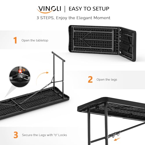 VINGLI 6 FT Narrow Folding Table, Tabletop Folded in Half, Premium Quality HDPE Material and Sturdy Metal Frame, Perfect for Buffet, Seminar, Party, Training, Home Work, Black - color: Black