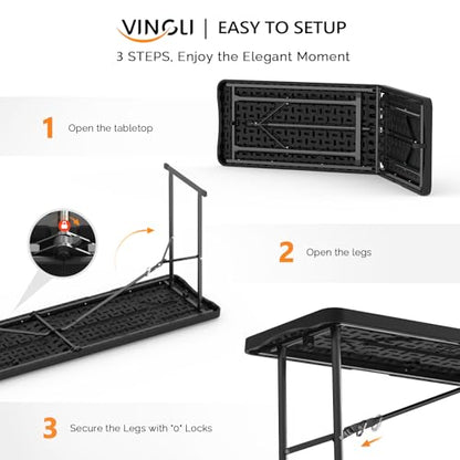 VINGLI 6 FT Narrow Folding Table, Tabletop Folded in Half, Premium Quality HDPE Material and Sturdy Metal Frame, Perfect for Buffet, Seminar, Party, Training, Home Work, Black - color: Black