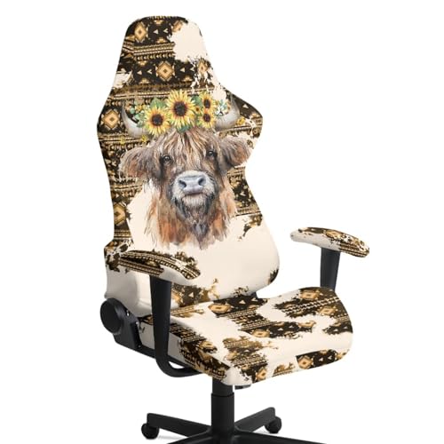 Highland Cattle Print Gaming Chair Covers Slipcovers Aztec Sunflower Print Game Chair Cover with Armrest Covers Skin Friendly Breathable - color: Brown - Highland Cattle Aztec Sunflower