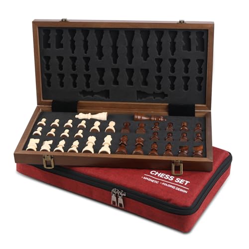 Rinten Magnetic Wooden Chess Set 15'' Folding Chess Board, Portable Travel Chess Set Games with Chessboard Bag, Beginner Chess Set for Tournament Professional Beginner - color: Wood-brown+red Bag, size: 15 IN