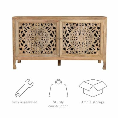 Pemberly Row Transitional Mango Wood Two Door Cabinet, Natural Brown Finish, 60" w x 20" d x 34" h, Handcrafted Storage Sideboard for Dining Room, Entryway, or Living Room