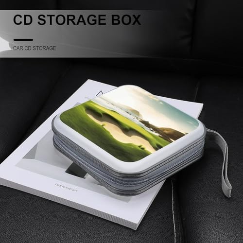 Beach Golf Course Plastic CD Case, 40 Capacity DVD Case Portable Zipper Holder with Handle, CD Storage Box for Car Home Office Travel