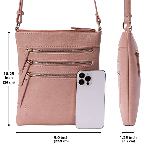 Solene Crossbody Bag Functional Multi Pocket Messenger Purse Top Zip Closure Shoulder Handbag With Adjustable Strap - color: Rose Pink