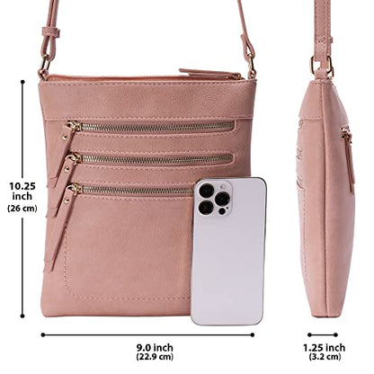 Solene Crossbody Bag Functional Multi Pocket Messenger Purse Top Zip Closure Shoulder Handbag With Adjustable Strap - color: Rose Pink