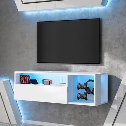 55" White TV Gaming Console with LED Lights - 4 Controller Hooks & 2 Headphone Hooks, Hidden Storage Cabinet, 30KG Top Load Capacity (White + Particle Board,Small) - size: Small