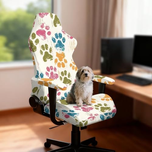 Colorful Paw Beige Print 4 PCS Gaming Chair Covers Slipcovers Non-Slip Dustproof Rotating Armchair Slipcovers Stretch Gamer Chair Cover with Armrest Covers - color: Colorful Paw Beige