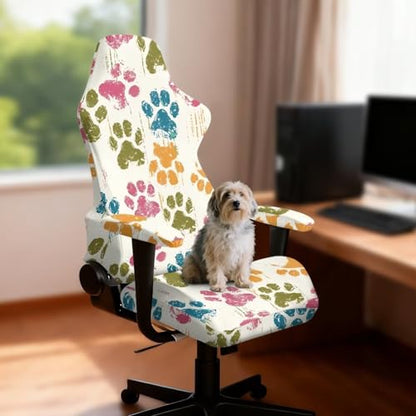 Colorful Paw Beige Print 4 PCS Gaming Chair Covers Slipcovers Non-Slip Dustproof Rotating Armchair Slipcovers Stretch Gamer Chair Cover with Armrest Covers - color: Colorful Paw Beige