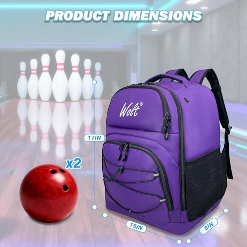 WOLT Bowling Ball Bag,2 Ball Bowling Backpack with Protective Foam Padded & Shoe Compartment Fits Up to Mens Size 16 - color: Purple