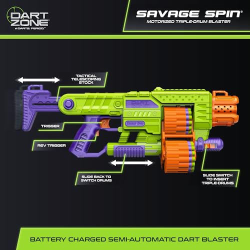 DART ZONE Savage Spin Semi-Auto Foam Dart Blaster – 45-Dart Triple-Drum Motorized Foam Dart Gun – NERF Dart Compatible Soft Bullet Toy Gun for Kids w. 90 Darts – AKA Adventure Force Gun – 80 ft Range