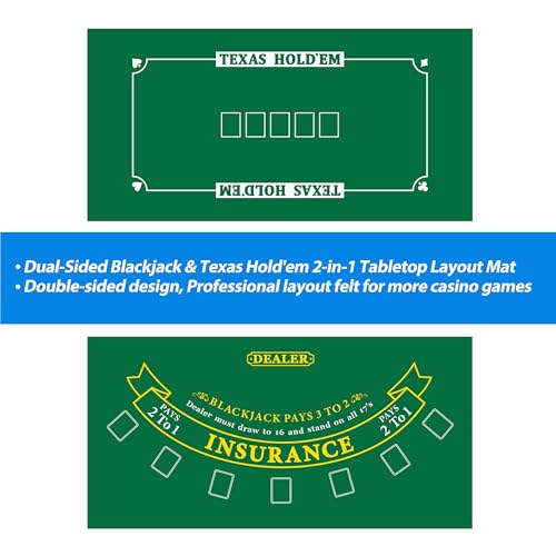 GSE Games & Sports Expert 36" x 72" Double-Sided Casino Layout Felt, Las Vegas Style Tabletop Mat for Parties, Home Entertainment, Poker Game Night - style: Blackjack&Texas Hold'em Poker