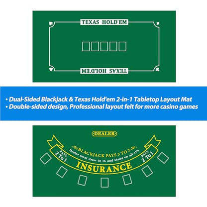 GSE Games & Sports Expert 36" x 72" Double-Sided Casino Layout Felt, Las Vegas Style Tabletop Mat for Parties, Home Entertainment, Poker Game Night - style: Blackjack&Texas Hold'em Poker