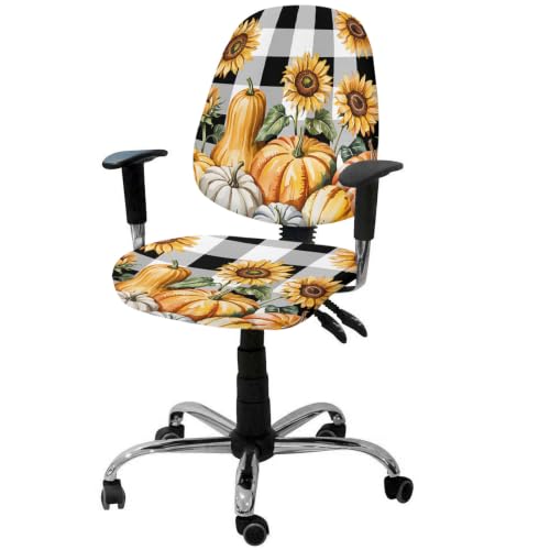 Savannan Office Chair Cover, Thanksgiving Orange Pumpkin Fall Sunflower Protective Stretch Elastic Universal Cover for Desk Task Chair,Computer Rotating Chair 1 Pcs Black White Buffalo Plaid
