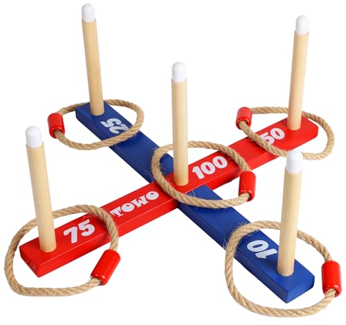 TOWO Wooden Ring Toss Game – Quoits Throwing Tossing Toy for Kids & Adults – Outdoor & Indoor Lawn Game for Family Fun Gift – Classic Rope Toss Game for Garden, Beach, Camping, Travel & Party Games