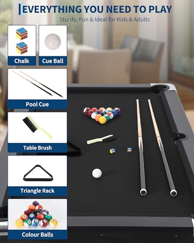 6/7 Foot Pool Table，Foldable Pool Table with Full Set of Balls, 2 Cue Sticks, Chalk & Felt Brush, Portable Billiards Table for Home, Family Game Room, Basement, Man Cave, Mesa De Billar
