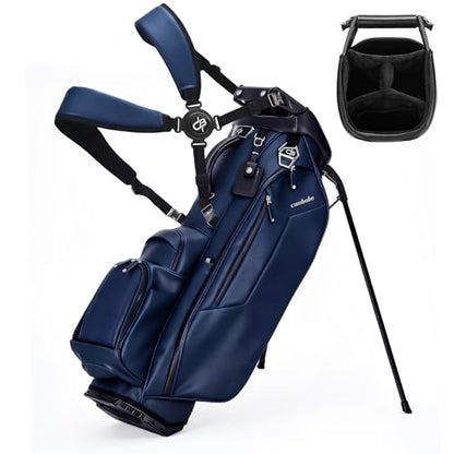 Luxury Faux Leather Golf Stand Bag, 4-Way Full-Length Divider Golf Bag with Carbon Fiber Stand, Cooler Pocket, Ergonomic Straps, Magnetic Pocket, Golf Club Bag with Rain Hood for Men/Women - color: Navy