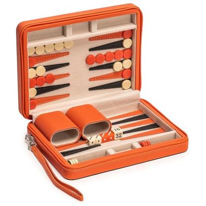 Yellow Mountain Imports Travel Size Backgammon Mini Game Set, Alanya - Magnetic Checkers and 9-inch Board in Sleek Leatherette Case - Classic Strategy Board Game - color: Aegean Ember
