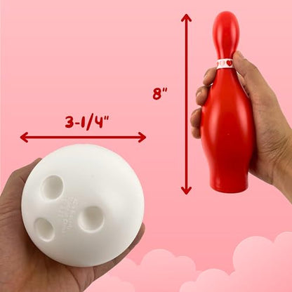4E's Novelty Valentines Day Bowling Game Set - 10 Red Pins, 2 Balls, Indoor/Outdoor Backyard Carnival Game, Classroom Valentine's Party Games Galentines Activity for Kids Adults