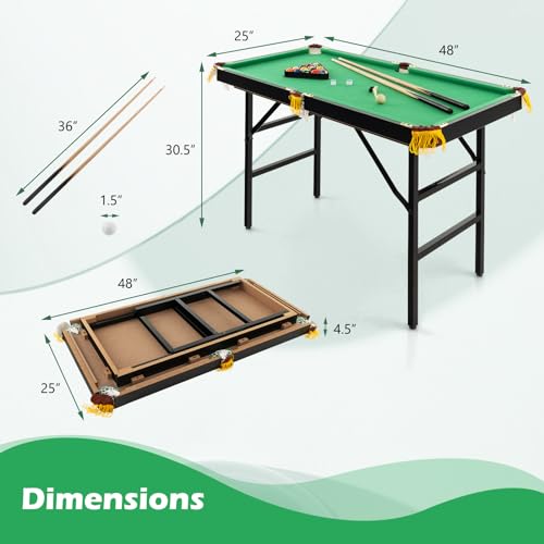 GYMAX Pool Table, 48’’ Foldable Billiard Tables with Balls, 2 Cue Sticks, Chalks and Brush, Mini Pool Table for Kids, Family, Party
