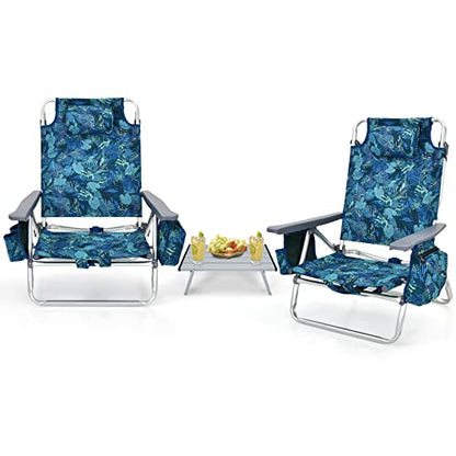 Tangkula Backpack Beach Chair with Table, 5-Position Lay Flat Lightweight Low Folding Beach Chairs with Cooler Bag, 2 Cup Holders, Towel Bar, Backpack Straps - color: Navy, style: 2 Pack with Table