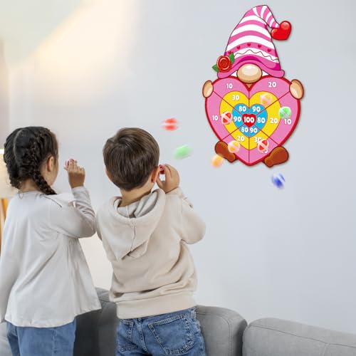 Valentine Gift for Kids, Pink Cartoon Dwarf Dart Board with 12 Sticky Balls Valentines Games, Large Kids Valentines Day Gifts for Boys Girls Toddlers, Valentines Games for Kids Party Classroom - style: Valentine's Day