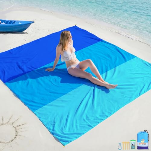 BYDOLL Beach Blanket Waterproof Sandproof Large Sand Free,78''X81''/10'X9' Oversized Sandless Lightweight Blanket Picnic Mat for Beach Travel Camping Hiking with Stakes - color: Blue3, size: 10'X9'