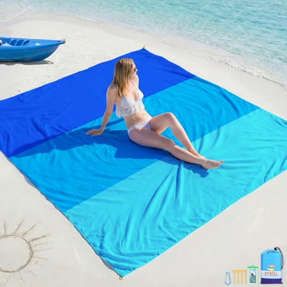 BYDOLL Beach Blanket Waterproof Sandproof Large Sand Free,78''X81''/10'X9' Oversized Sandless Lightweight Blanket Picnic Mat for Beach Travel Camping Hiking with Stakes - color: Blue3, size: 10'X9'