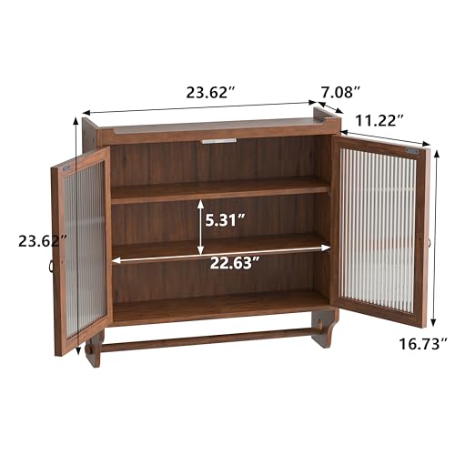 Retro Style Haze Double Glass Door Wood Wall Cabinet with Detachable Shelves for Office, Dining Room,Living Room, Kitchen and Bathroom Brown - color: Brown