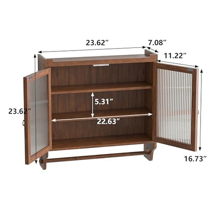Retro Style Haze Double Glass Door Wood Wall Cabinet with Detachable Shelves for Office, Dining Room,Living Room, Kitchen and Bathroom Brown - color: Brown