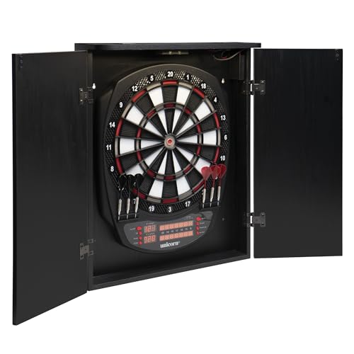 Unicorn Impact LED Electronic Dartboard Cabinet Set - Door Activated LED Lights - Dual LED Scoring Displays with Cricket Marks - Includes 6 Soft Tip Darts and Replacement Tips